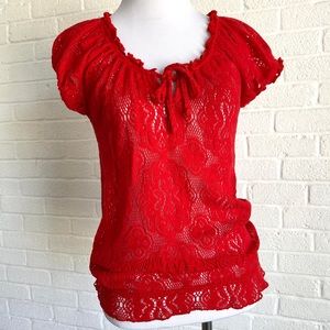 SUZY SHIER RED LACE BLOUSE SMALL SHORT SLEEVE